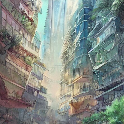 Beautiful happy picturesque charming sci-fi city in harmony with nature. Nature everywhere. Nice colour scheme, soft warm colour. Beautiful detailed watercolor by Lurid. (2022)