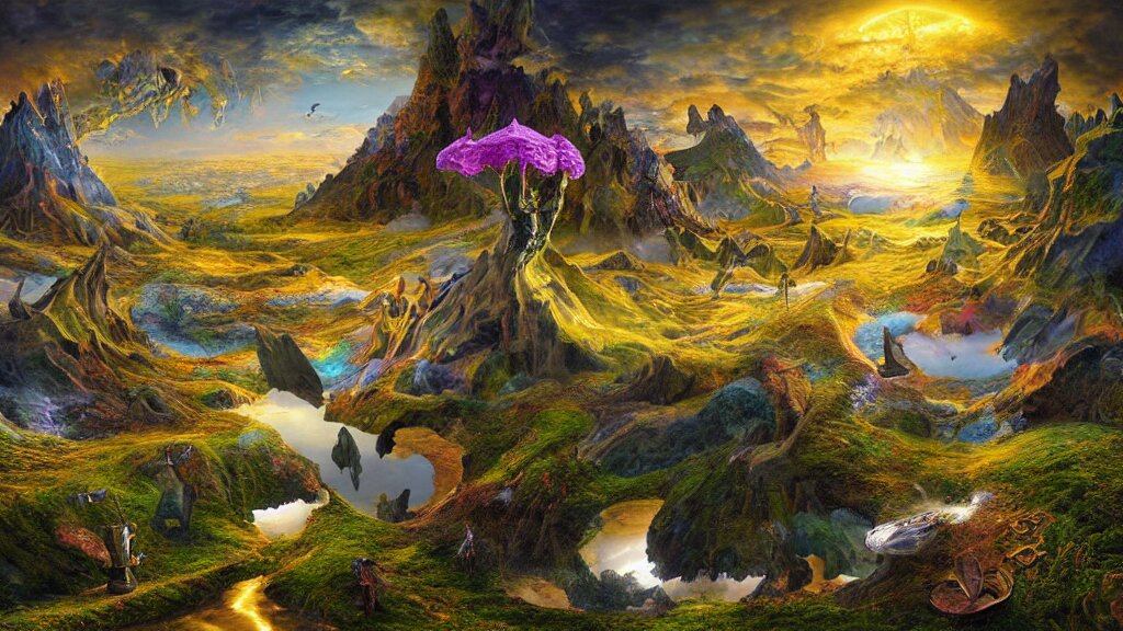 fantasy landscape with fractals in the styles of igor morski, jim warren, and m. c. escher, intricate, colorful, hyperrealistic, volumetric lighting 