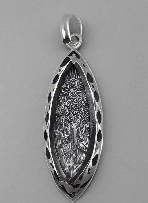 Amulet Of Wave inlaid in silver on a young beautiful woman neck, realistic, clean,