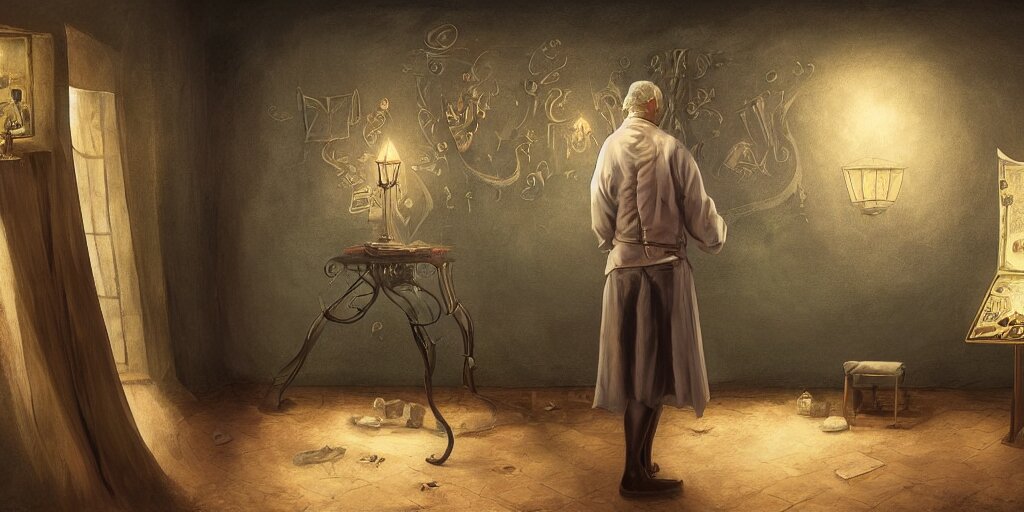 lonely aristocrat examining the mysteries of tarot cards on a magical blackboard, background is magical blackboard with chalk drawings of tarot cards,, fantasy art, matte painting, high quality, digital painting, artwork by tony sart 