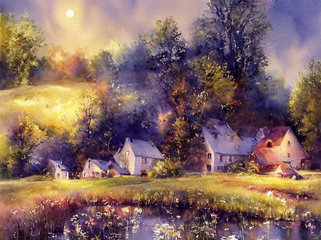 a beautiful night in the swedish countryside, watercolor painting by vladimir volegov 