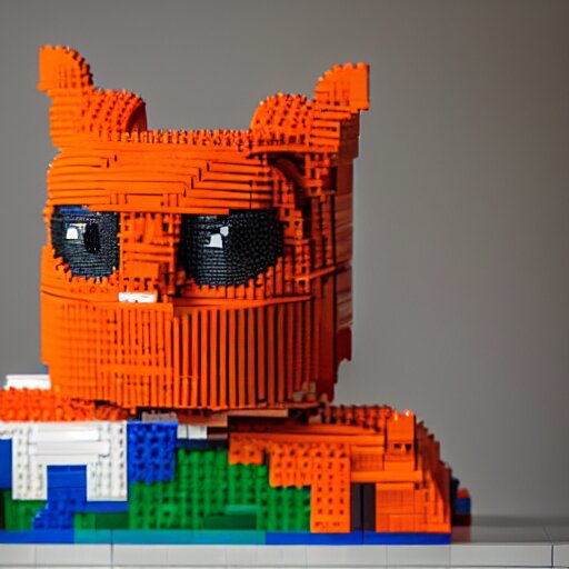 1 0, 0 0 0 piece lego sculpture by a master builder of a smiling orange cat with a big head and white face walking upright, scratch. mit. edu, product photography, studio lighting 