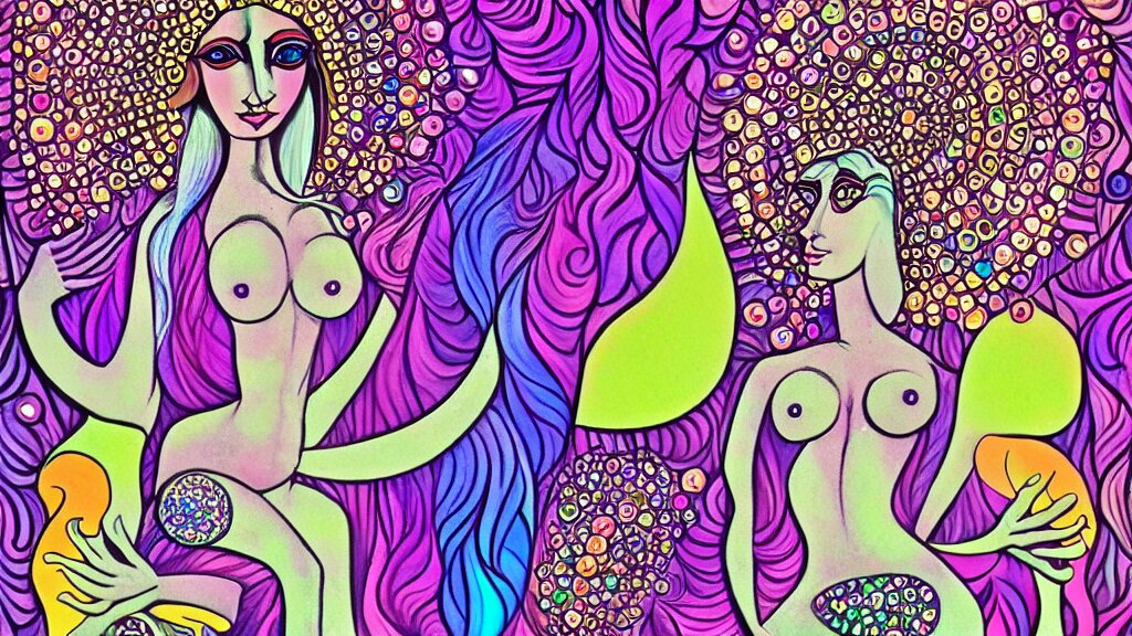 mushroom goddess, dripping crystals, full body dynamic pose, attractive form, psychedelic dmt deity, picasso, pin up girl, visionary art, fully colored and rendered 