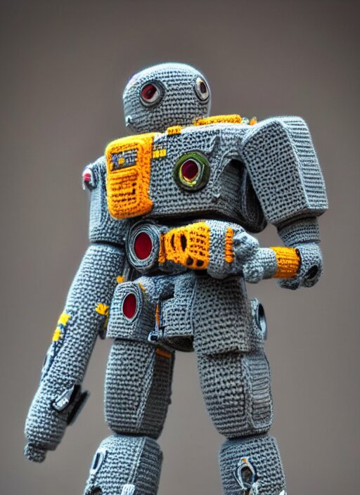 a crochet mecha, realistic, intricate, many details, no cropping, full body, Sigma 50 mm f/1.4