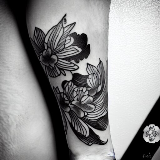 black and white tattoo, koi fish, japanese traditional style, camelia flowers, stylized, 