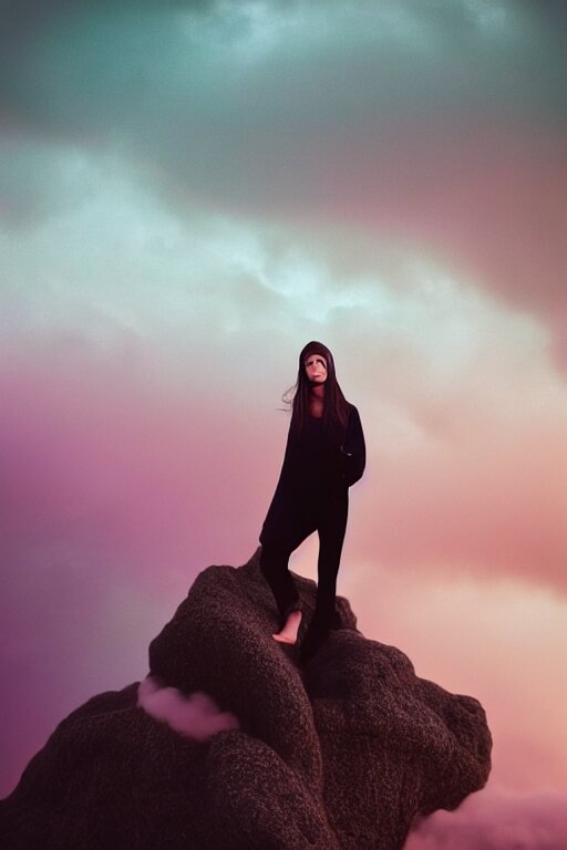 high quality pastel coloured film close up wide angle photograph of a model wearing clothing resting on cloud furniture in a icelandic black rock!! environment in a partially haze filled dreamstate world. three point light, rainbow. photographic production. art directed. pastel colours. volumetric clouds. pastel gradient overlay. waves glitch artefacts. extreme facial clarity. 8 k. filmic. 