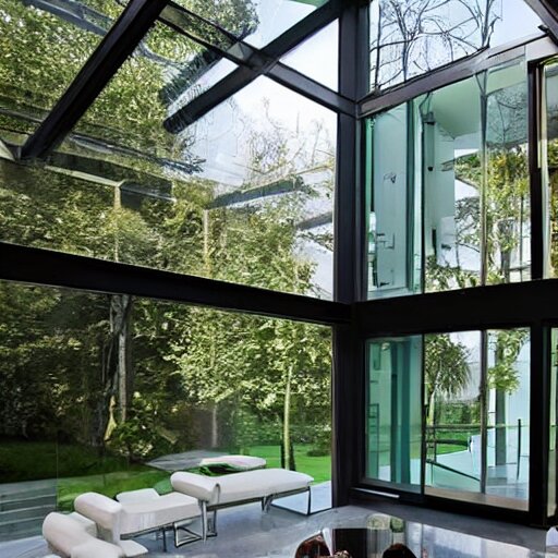 a house made entirely of glass. glass furniture, glass walls, glass ceiling, glass floor, glass decor, glass people 