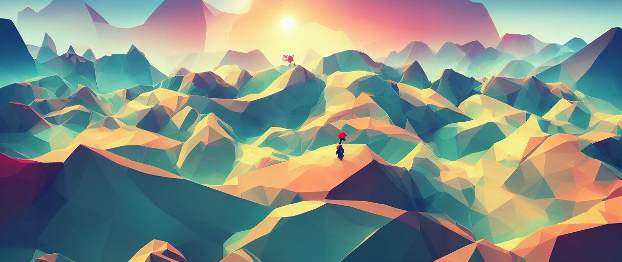 3 d render, mountain landscape, digital art, low poly art, minimalist, poppy, journey game, lowpoly landscape, particles floating, unreal engine, dreamy, brush strokes, bounce light, sunny, complementary palette, redsinski 