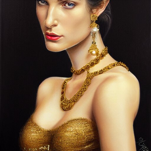 Facial portrait of a gorgeous girl, looking away from the camera, seductive smile, heavy gold jewellery, gold and pearl necklaces, elegant revealing intricate dress, sparkle in eyes, lips slightly parted, long flowing hair, no hands visible, delicate, teasing, arrogant, defiant, bored, mysterious, intricate, extremely detailed painting by Mark Brooks (and by Greg Rutkowski), visible brushstrokes, thick paint visible, no light reflecting off paint, vibrant colors, studio lighting