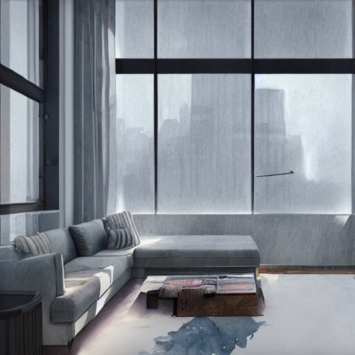 modern loft overlooking central park in a blizzard, sketch over watercolor lines, artstation, pastels, octane, unreal engine, dynamic 