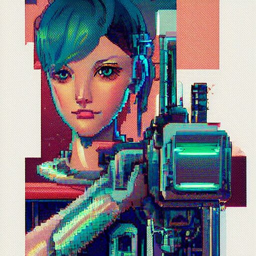 A pixel art, pointillisme potrait of a cyberpunk cyborg girl with big and cute eyes, fine-face, realistic shaded perfect face, fine details. Very anime style. Realistic shaded lighting poster by Ilya Kuvshinov katsuhiro, magali villeneuve, artgerm, Jeremy Lipkin and Michael Garmash, Rob Rey and Kentarõ Miura style, trending on art station