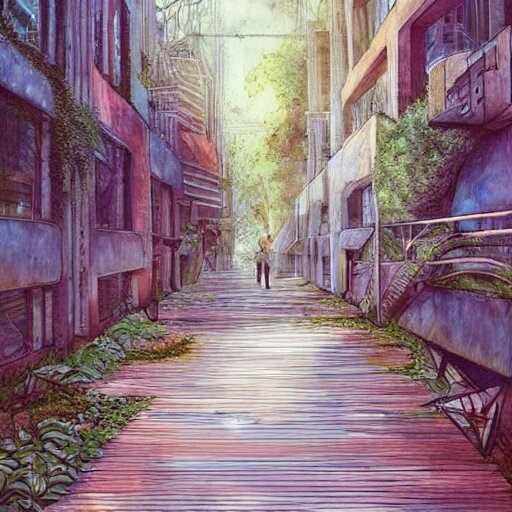 Wooden footpath next to narrow canal between buildings in beautiful overgrown futuristic sci-fi city in harmony with nature. Nice colour scheme, soft warm colour. Beautiful detailed watercolor by Lurid. (2022)