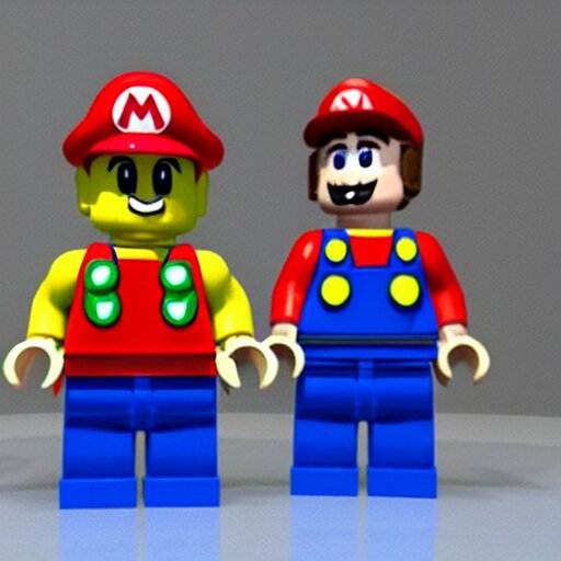 a photo of realistic plumber mario with yoshi as lego mini figures 