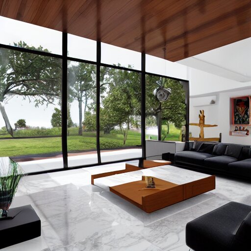 A modern living room with 2 sofas facing each other with a white marble table in the center, on the left side of the living room there is a floor to ceiling glass window while on the right side of the living room there are wooden stairs that lead to the second floor, 8k resolution