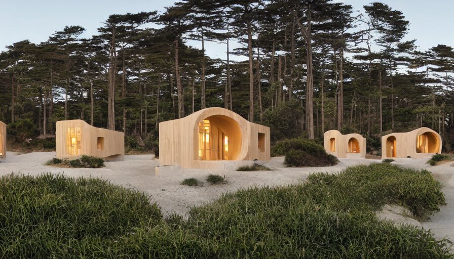 An architectural rending of an eco-community neighborhood of innovative contemporary 3D printed sea ranch style cabins with rounded corners and angles, beveled edges, made of cement and concrete, organic architecture, on the California coastline with side walks, parks and public space , Designed by Gucci and Wes Anderson, golden hour