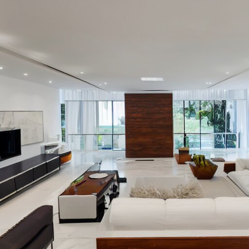 A modern living room with a beautiful white marble table between 2 white sofas ,on the left of the living room there are floor to ceiling glass window and on the right of the living room there are wooden stairs to the second floor, 8k resolution, professional interior design photograph