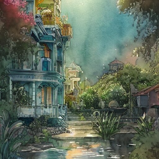 Beautiful happy picturesque charming sci-fi town in harmony with nature. Beautiful light. Water and plants. Nice colour scheme, soft warm colour. Beautiful detailed watercolor by Lurid. (2022)