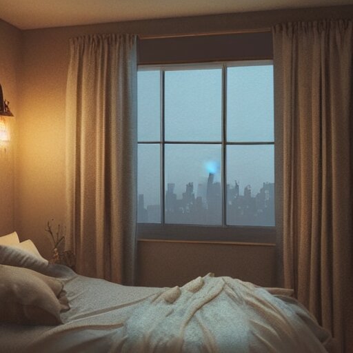 cozy rustic bedroom with a night view of new york in heavy mist, highly detailed, artstation, concept art 