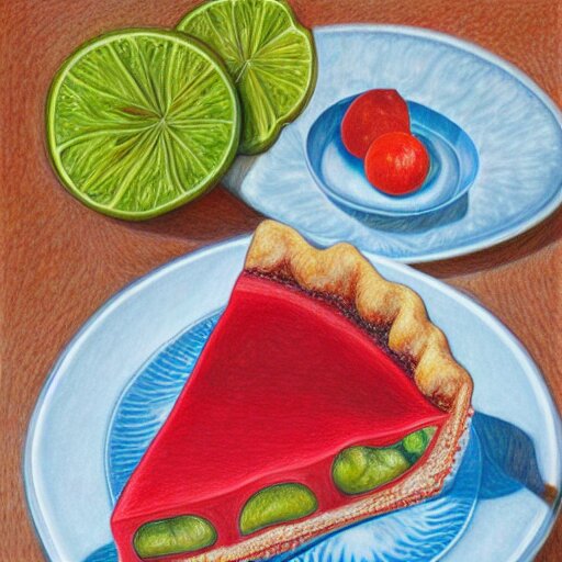  Colored pencil art on paper, Gooseberry pie slice on a plate, highly detailed, artstation, MasterPiece, Award-Winning, Caran d'Ache Luminance