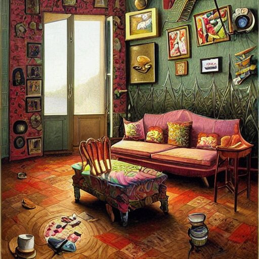 a painting of a living room filled with furniture, a surrealist painting by jacek yerka, cgsociety, fantastic realism, maximalist, surrealist, detailed painting 