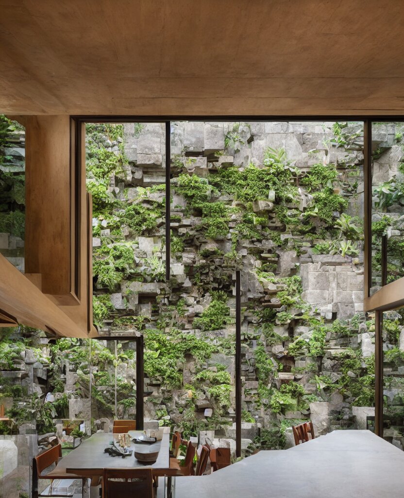 a stunning interior of a split - level villa with a swimming pool, intricately stacked and iteratively interlocked stone blocks in the style of ennis house, extremely coherent, fusion of frank lloyd wright and carlo scarpa, people are sitting at a table eating dinner, plants and moss and ivy growing on the stones, indoor picture, long shot, architectural photography 