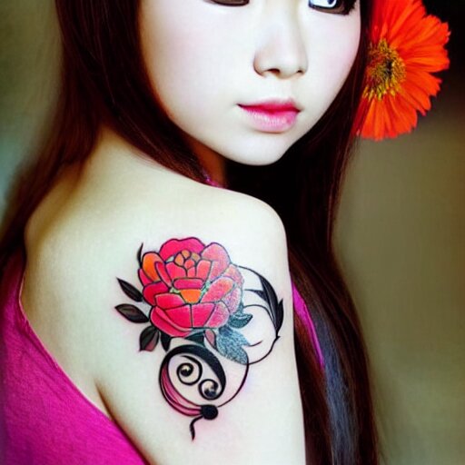 tattoo design, stencil, traditional, beautiful portrait of a Japanese girl with flowers in her hair, upper body, by artgerm, artgerm, digital art, cat girl, anime eyes, anime, sexy-s 100