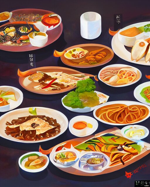 a painting of a table full of korean foods, concept art by taro yamamoto, pixiv contest winner, auto - destructive art, official art, concept art, pixiv 