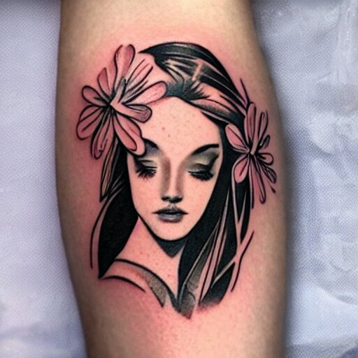 tattoo design, stencil, traditional, beautiful portrait of a girl with flowers in her hair by artgerm, artgerm, digital art