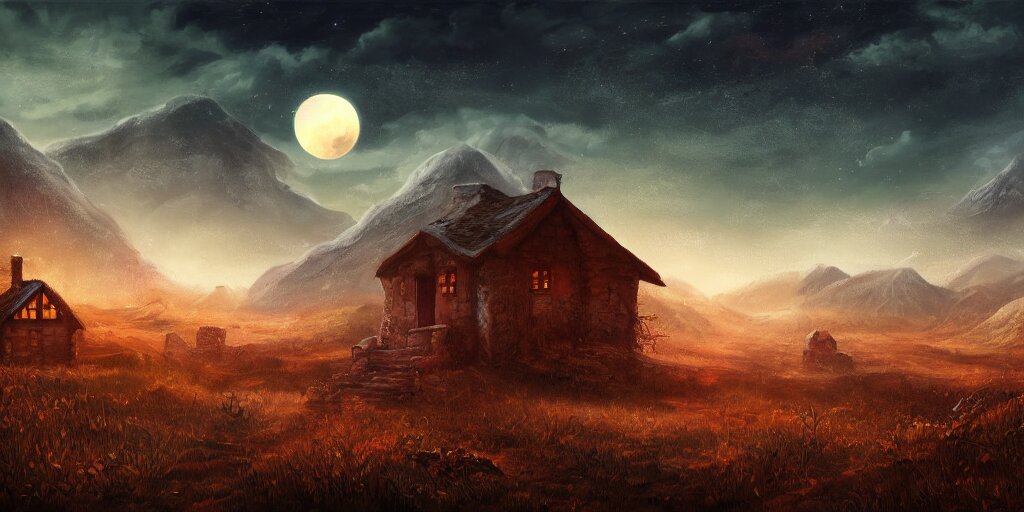 Blood soaked fields with large mountains in the distance, small cottage in the foreground, nighttime, moon in the night sky, landscape wallpaper, d&d art, fantasy, painted, 4k, high detail, sharp focus