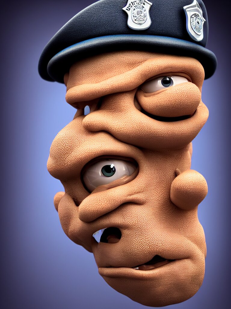 in pixar style, a perfect colour portrait of a policeman. his leathery squidlike skin is contracting rapidly and ripping. leaking pva glue from the fissures in his stressed, agonising skin. brightly lit studio lighting 