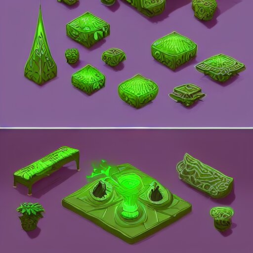 concept art 2 d game asset of furniture with an organic isometric design based on bioluminescent alien - like plants inspired by the avatar's bioluminescent alien nature. around the furniture, we can see plants that glow in the dark. all in isometric perspective and semi - realistic style item is in a black background 