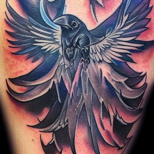 raven, jioness, forest, blue flame, moon, tattoo art by Bryan Alfaro, award winning tattoo concept, highly detailed,