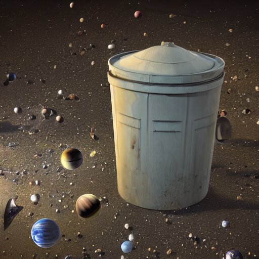 an old dirty trashcan full of discarded planets and stars hyperrealistic detailed beautiful intricate 3 d render 