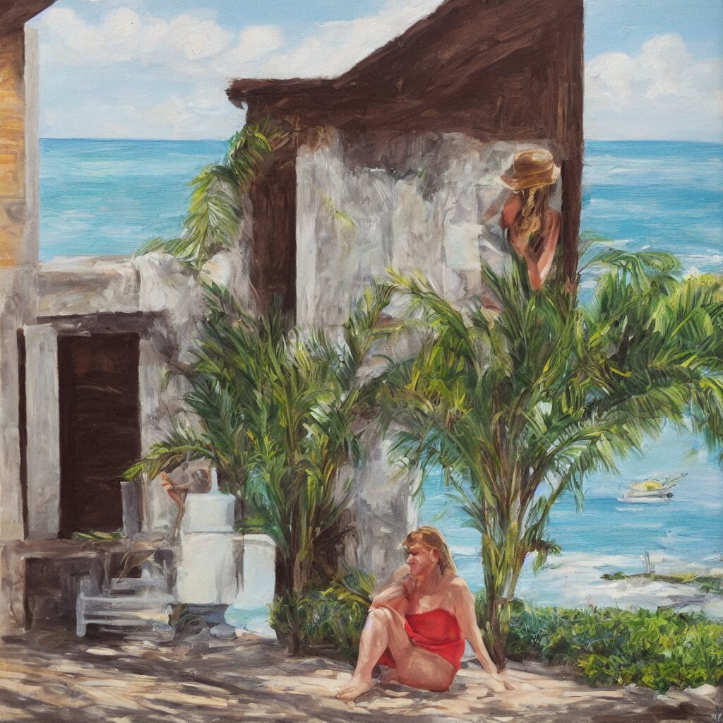 a beautiful woman with freckles sitting on the porch of a one-story house in the caribbean watching the sea, realistic, oil on canvas