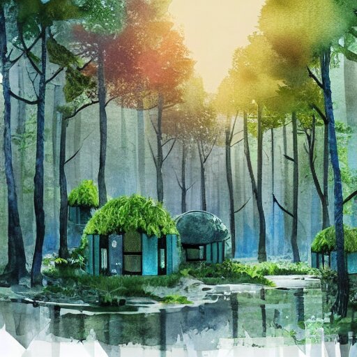 beautiful happy picturesque charming organic sci - fi town with pod homes integrated in a forest area. water and trees. beautiful light. soft colour scheme. beautiful artistic detailed watercolor by lurid. ( 2 0 2 2 ) 