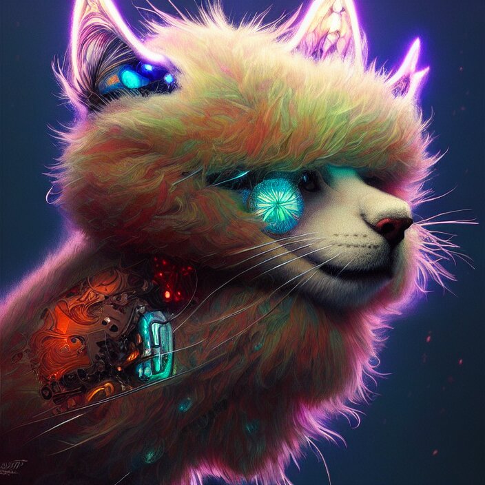 psychedelic fluffy furry animal cyborg, diffuse lighting, fantasy, intricate, elegant, highly detailed, lifelike, photorealistic, digital painting, artstation, illustration, concept art, smooth, sharp focus, art by John Collier and Albert Aublet and Krenz Cushart and Artem Demura and Alphonse Mucha