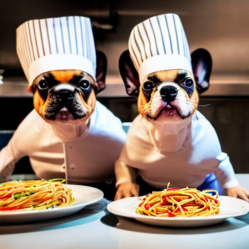 a 8k highly detailed still photo by David Bailey of Two multi-colored French Bulldogs in chef hats and aprons starring on a cooking show, a plate of spaghetti is prepared, a high end restaurant kitchen in the background, bokeh