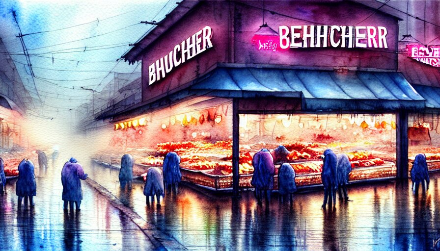 watercolor painting of a butcher shop, raining, busy street, romantisism, outrun, pastel colors, painting, moody, detailed, by android jones 