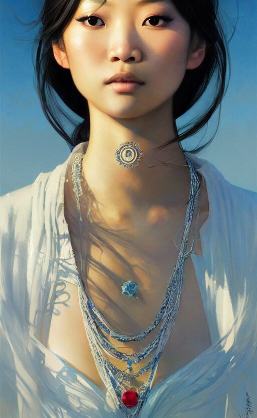 a beautiful young charming asian goddess with sundress + jewelry + shinny eyes | | winter, symmetric, realistic shaded, unpleasant face, good looking, fine details, dior, lv, realistic shaded lighting poster by greg rutkowski, macoto takahashi, magali villeneuve, artgerm, jeremy lipkin and michael garmash 