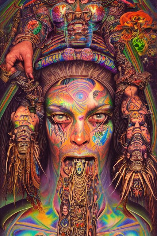 psychedelic shaman, iridescent, wearing shipibo tattoos, inside an epic, ancient temple, ayami kojima, greg hildebrandt, mark ryden, hauntingly surreal, eerie vibrating color palette of charlie immer, highly detailed painting by, jenny saville, soft light 4 k 