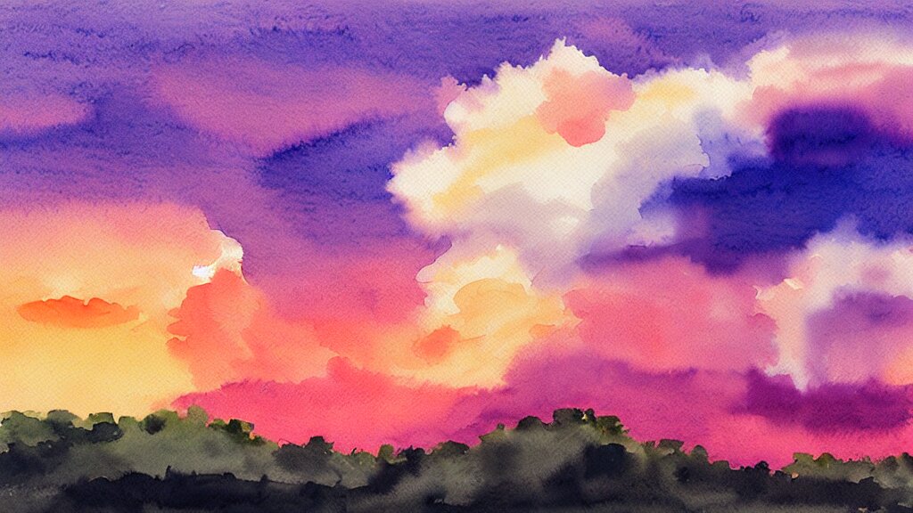 watercolor of a big cumulonimbus cloud on a pink sunset 