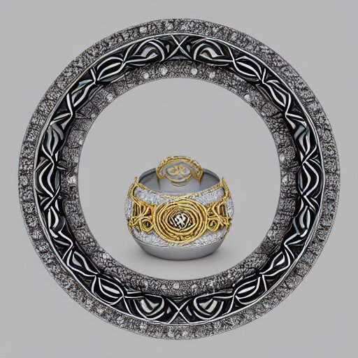 intricate!! nordic ring and necklace and ear, silver and gold and diamond, isolated on a white background and a flower in the background, refraction, occlusion, filigree, lower and upper levels, keyshot render, octane render, vray render 