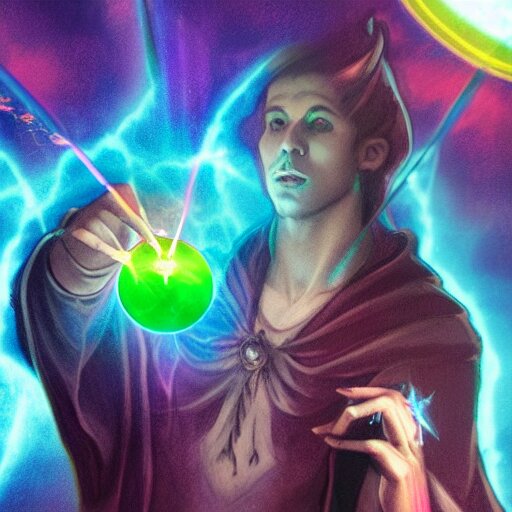 a warlock is casting a magic spell, while magic orb is floating in his hand, the magic orb emit a rainbow vapour, dynamic pose, chromatic aberration , medium level shot, Mucha style , Grim fantasy, illustration ,concept art,