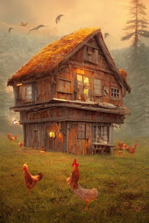 an awesome twilight day concept art of old hut with chicken legs, by kengo kuma and wes anderson with village, mixed development, cgsociety, fantastic realism, artstation hq 