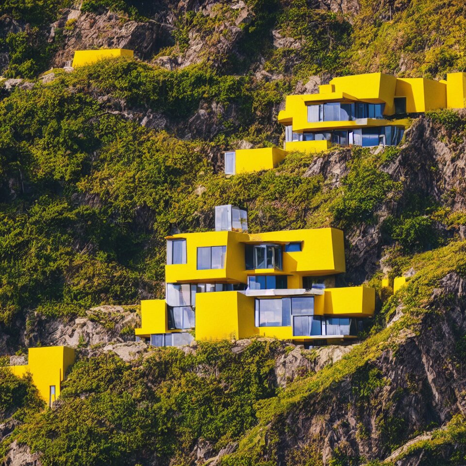 a tiny flat horizontal house on a cliff, designed by Frank Gehry. Big tiles. Small wooden pathway . Film grain, cinematic, yellow hue