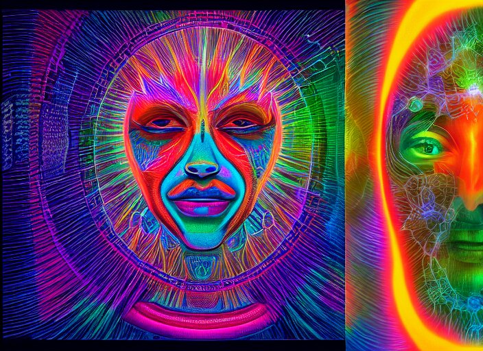 trasnformation into transcendence into collaborative intelligence, endless collaboration with ai, connectedness, body, by alex grey, album cover, award winning, beautiful, colorful, volumetric lighting, trending on artstation, cinematic 