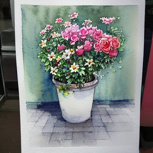 a beautifull intricate watercolor painting of potted planter with flowers inside sitting on wet sidewalk, reflexions, high details by stephanie law art 