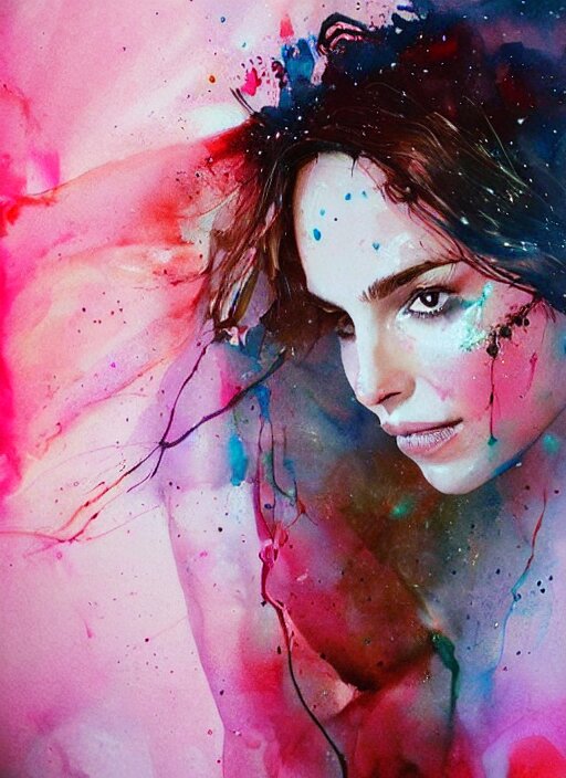 sexy little smile nathalie portman by agnes cecile, extremely luminous bright design, pastel colours, ink drips, autumn lights 