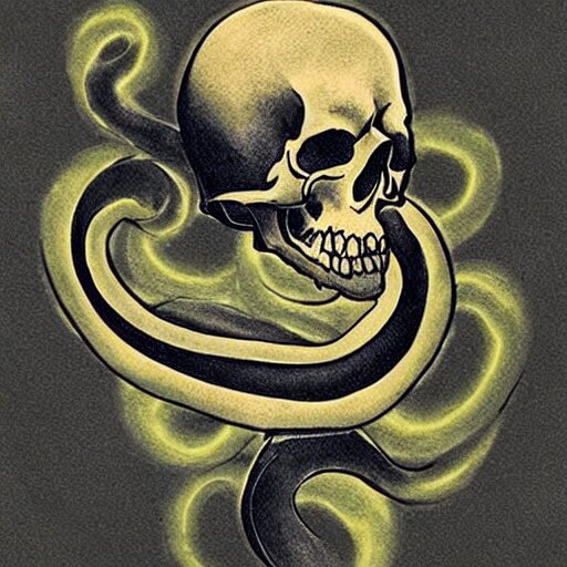 dark tattoo, snake wrapping its body around skull, toxic acid green dark colors