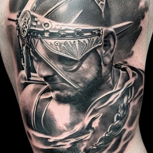 medium shot of a gladiator wearing a galea, tattoo, tattoo art, Black and grey tattoo style